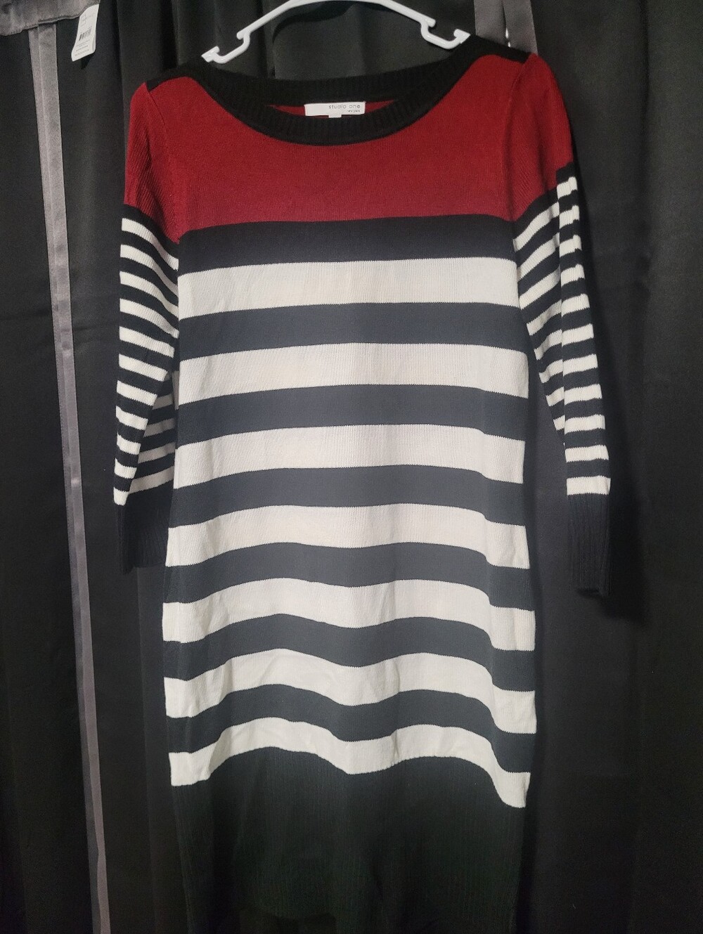 Striped Knit Sweater Dress - Red, Black & White